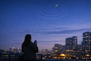 Person holding phone with satellite in the sky, illustrating the shared spectrum debate between satellite services and amateur microwave bands