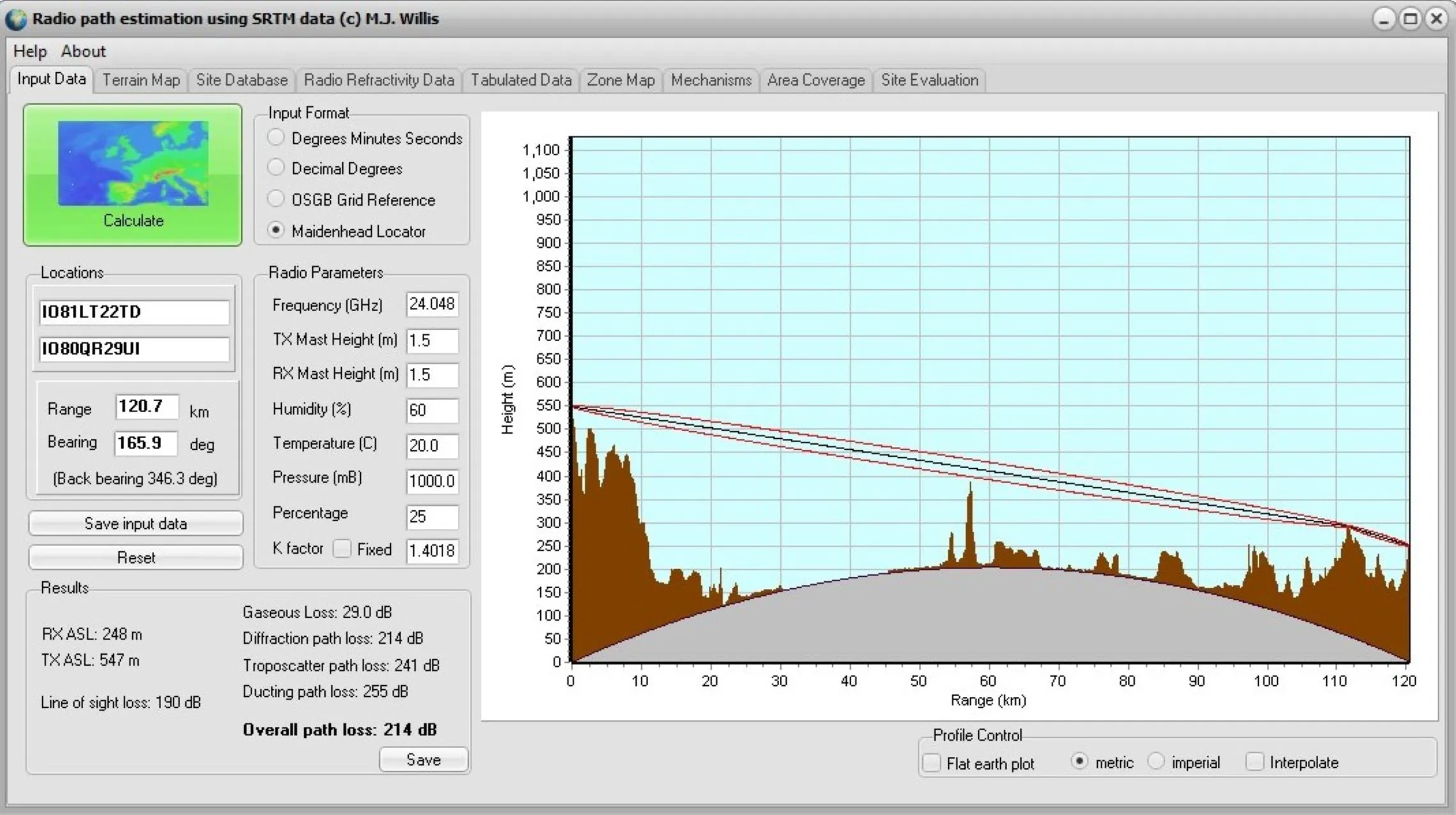 Screen Shot of Radio Path Estimation Tool Using SRTM Data