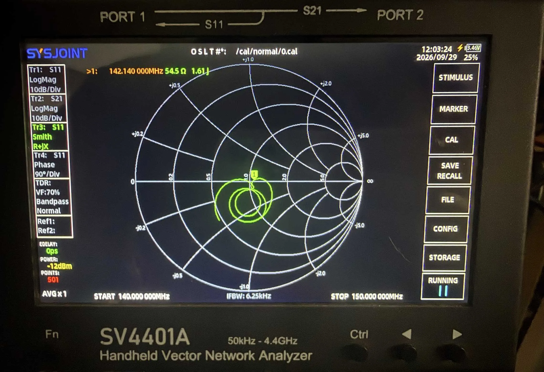 Mini-VNA showing Antenna on a Smith Chart